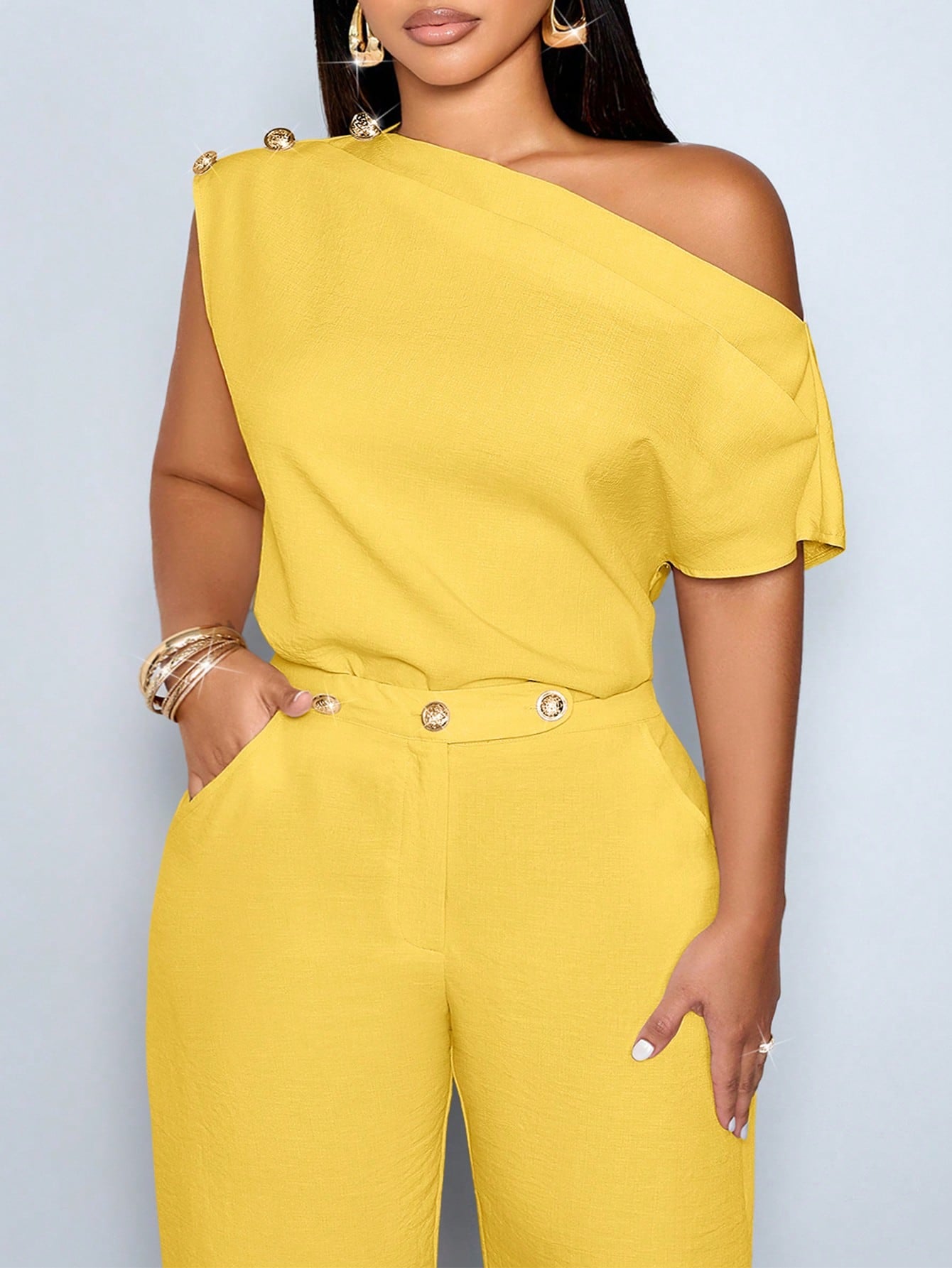 SOLERSUN Women's Plus Size Spring/Summer Elegant Asymmetric Collar Sleeveless Metal Button Fitted Solid Color Off-Shoulder Blouse, Office Date Evening Commute Casual Everyday Minimalist Top