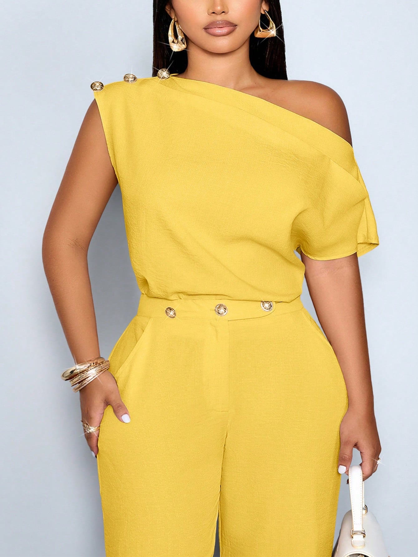 SOLERSUN Women's Plus Size Spring/Summer Elegant Asymmetric Collar Sleeveless Metal Button Fitted Solid Color Off-Shoulder Blouse, Office Date Evening Commute Casual Everyday Minimalist Top