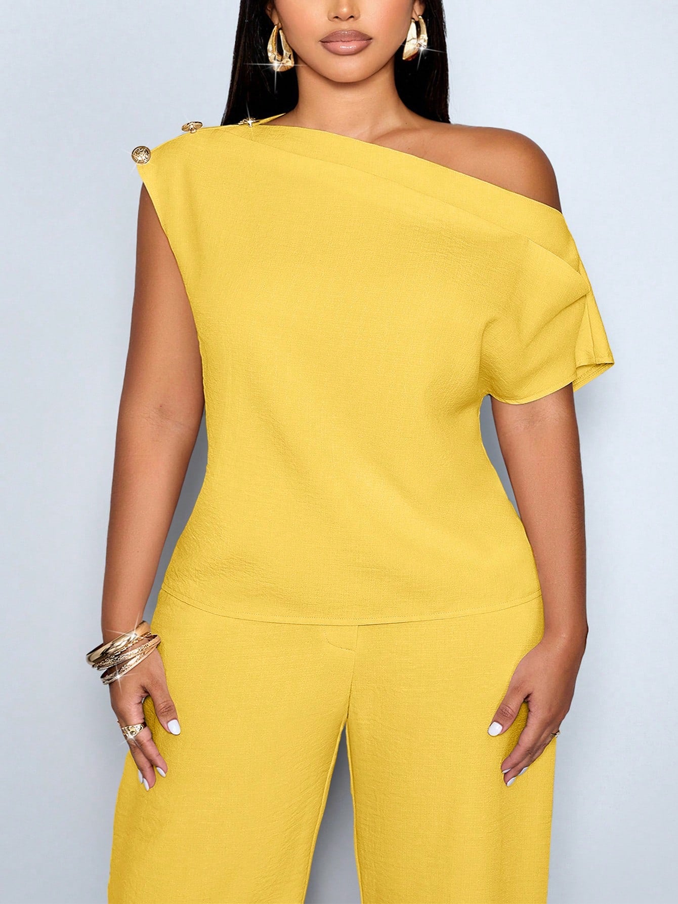 SOLERSUN Women's Plus Size Spring/Summer Elegant Asymmetric Collar Sleeveless Metal Button Fitted Solid Color Off-Shoulder Blouse, Office Date Evening Commute Casual Everyday Minimalist Top
