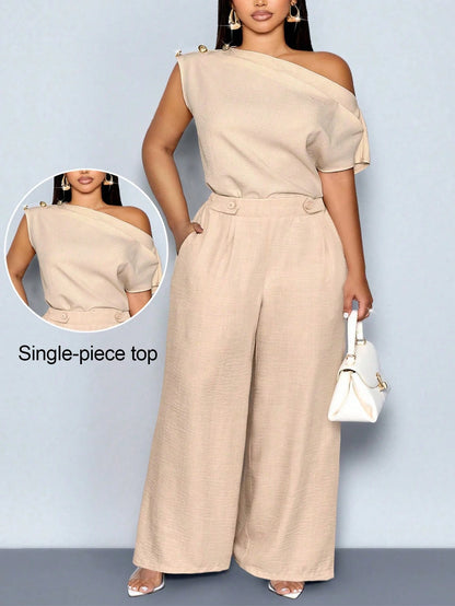 SOLERSUN Women's Plus Size Spring/Summer Elegant Asymmetric Collar Sleeveless Metal Button Fitted Solid Color Off-Shoulder Blouse, Office Date Evening Commute Casual Everyday Minimalist Top