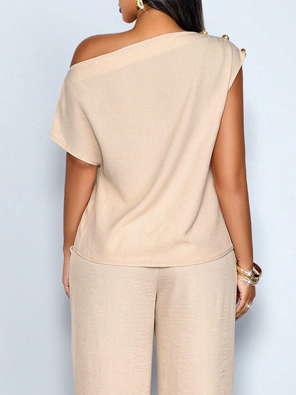 SOLERSUN Women's Plus Size Spring/Summer Elegant Asymmetric Collar Sleeveless Metal Button Fitted Solid Color Off-Shoulder Blouse, Office Date Evening Commute Casual Everyday Minimalist Top