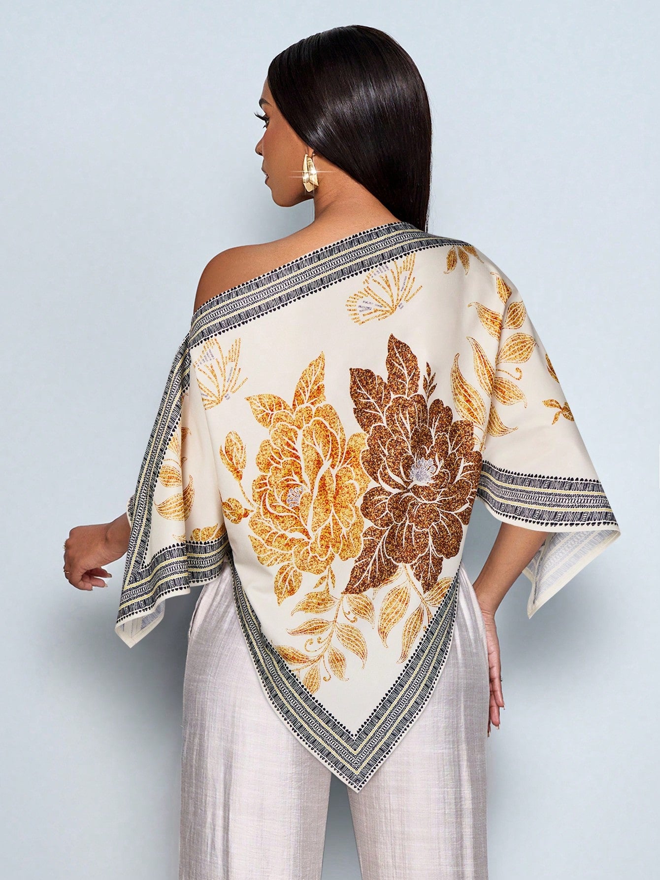 SOLERSUN Women's Spring And Summer Elegant Casual  Off Shoulder Square Scarf Hem, Apricot  Yellow  Print  Blouse