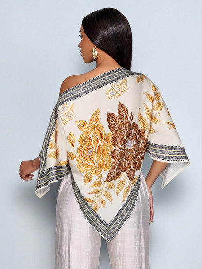 SOLERSUN Women's Spring And Summer Elegant Casual  Off Shoulder Square Scarf Hem, Apricot  Yellow  Print  Blouse