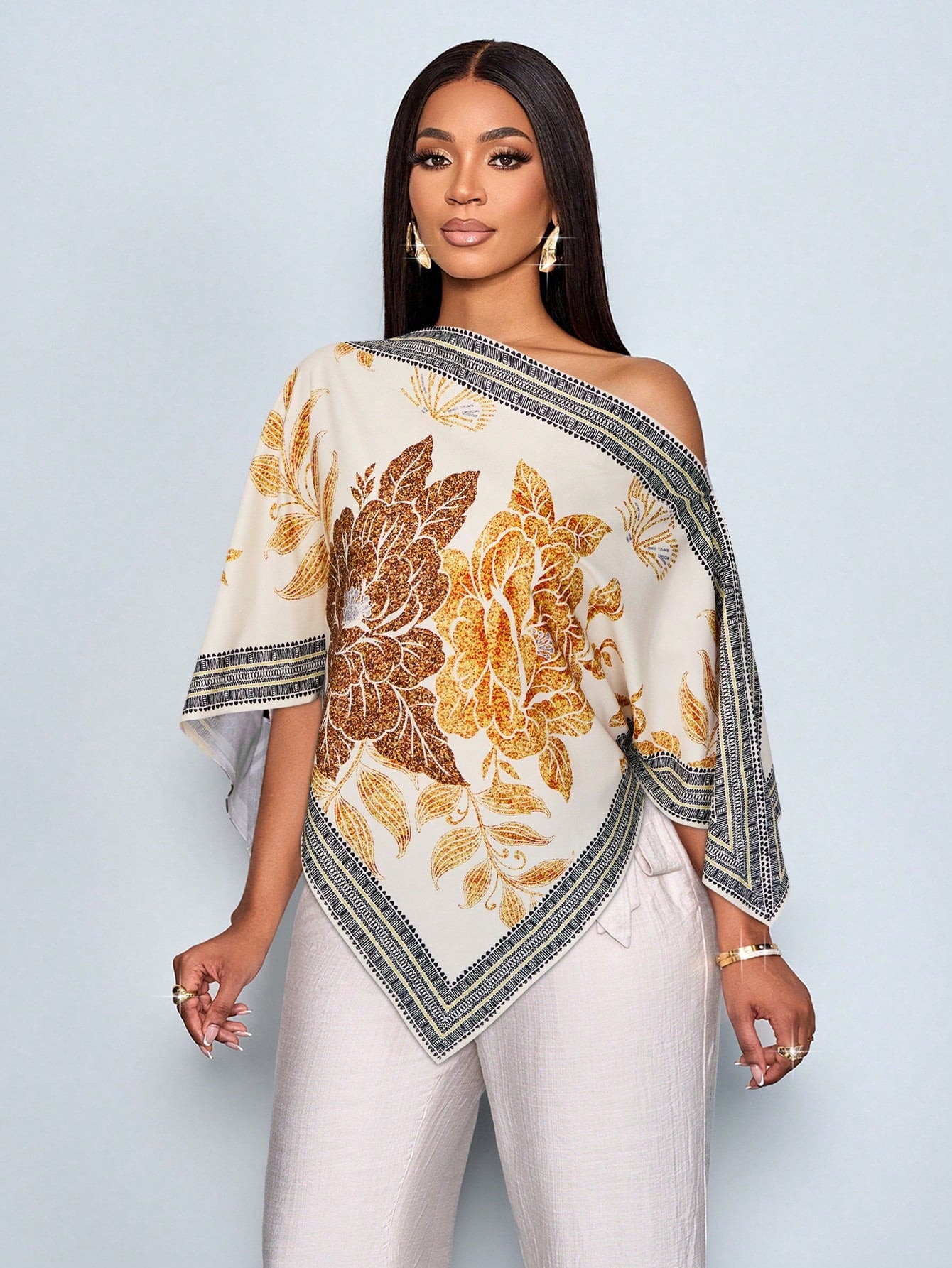 SOLERSUN Women's Spring And Summer Elegant Casual  Off Shoulder Square Scarf Hem, Apricot  Yellow  Print  Blouse