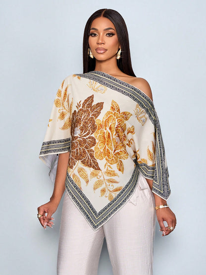 SOLERSUN Women's Spring And Summer Elegant Casual  Off Shoulder Square Scarf Hem, Apricot  Yellow  Print  Blouse
