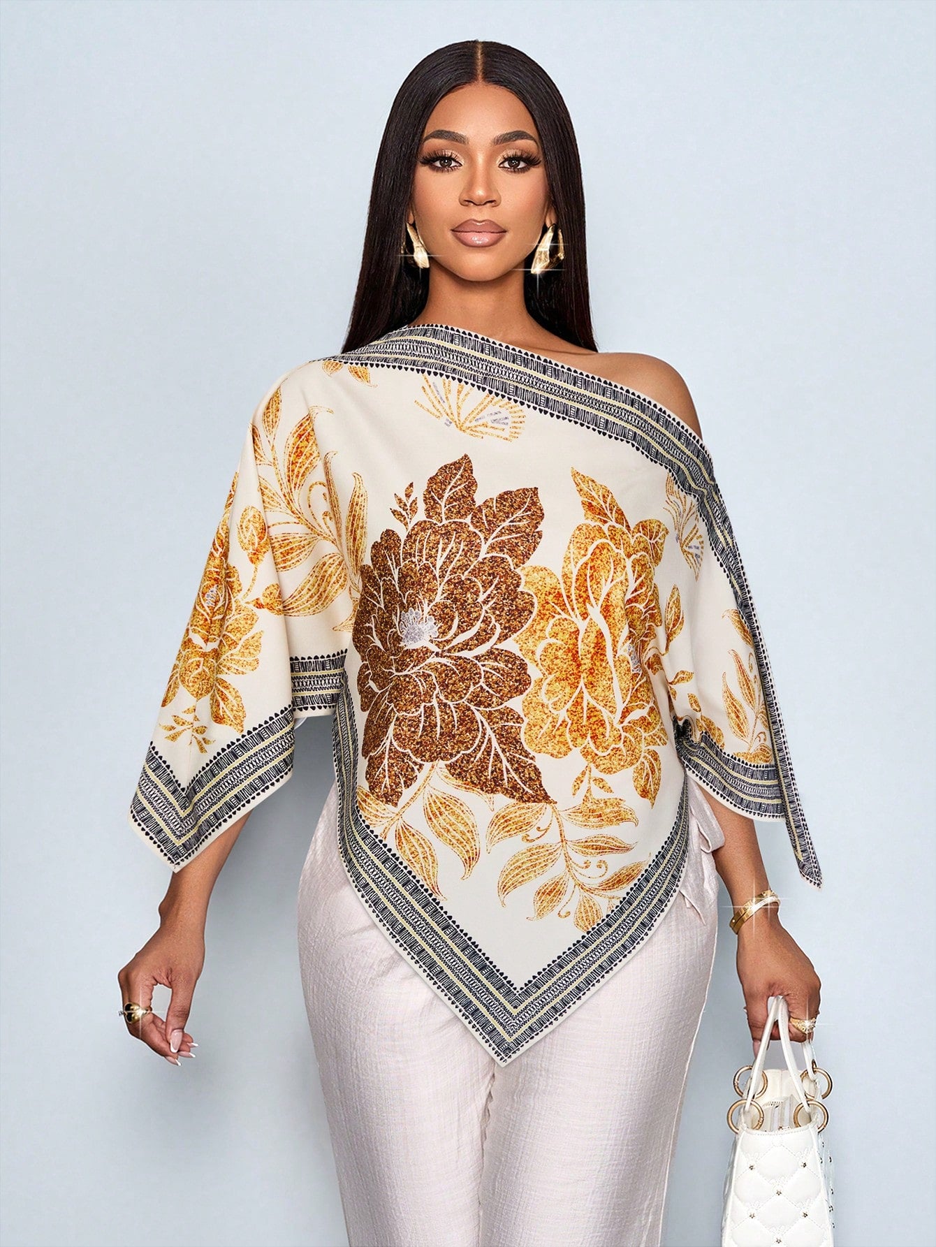 SOLERSUN Women's Spring And Summer Elegant Casual  Off Shoulder Square Scarf Hem, Apricot  Yellow  Print  Blouse