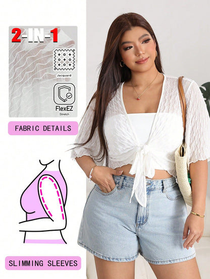 Solflare Plus Size Women's Solid Color Front Knot Short Sleeve Cropped Top Vacation White Summer