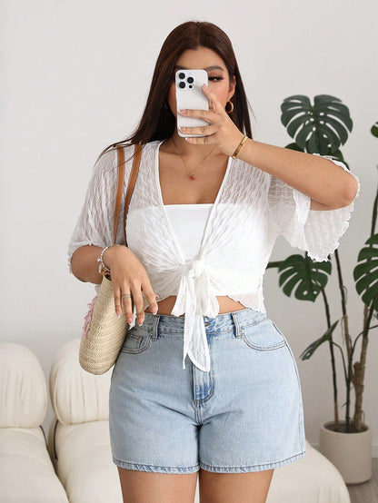 Solflare Plus Size Women's Solid Color Front Knot Short Sleeve Cropped Top Vacation White Summer
