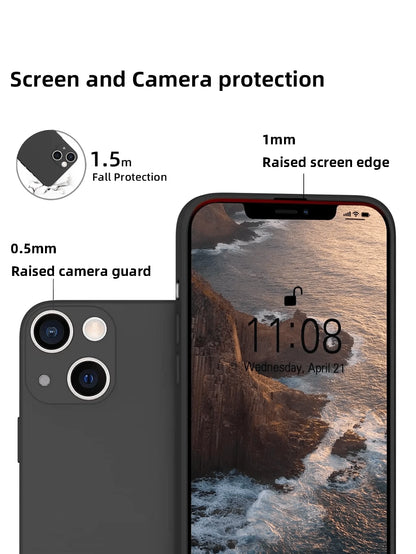 Solid Color Black Silicone TPU Shock-Absorbing Phone Case, Compatible With IPhone 11 12 13 14 15 16 17 Pro Max Air Mini X Xs XR 6 6S 7 8 Plus SE SE2 SE3, With Lens Protection Cover, Waterproof, Shockp