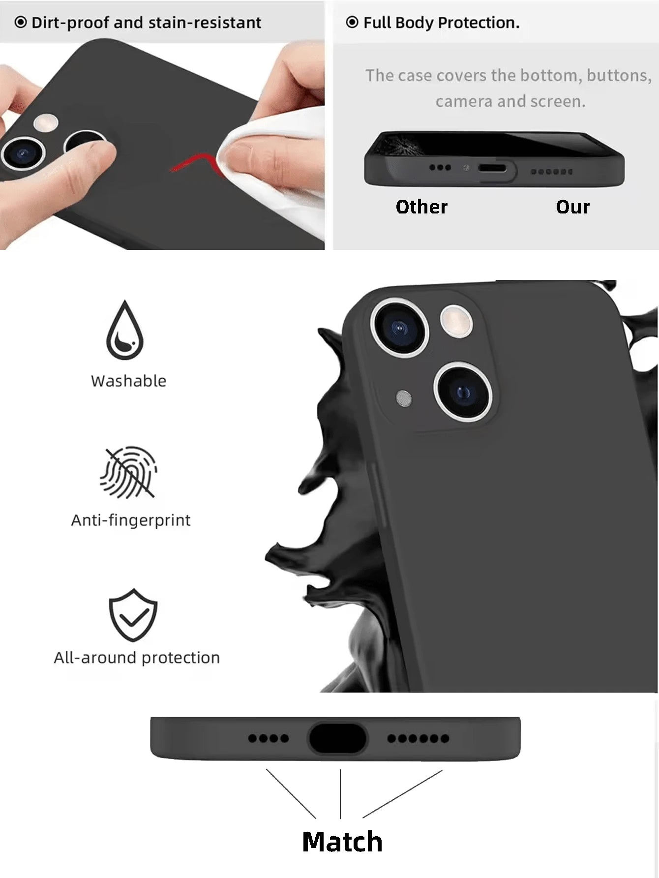Solid Color Black Silicone TPU Shock-Absorbing Phone Case, Compatible With IPhone 11 12 13 14 15 16 17 Pro Max Air Mini X Xs XR 6 6S 7 8 Plus SE SE2 SE3, With Lens Protection Cover, Waterproof, Shockp