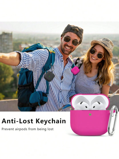 Solid Color Pink Silicone 1pc Silicone Case + Track-Shaped Round Buckle Earphone Case Compatible With Apple 1/2/3, Pro/Pro 2/Pro 3, Anti-Drop Protection, New 4th Generation Spring Easter Gift