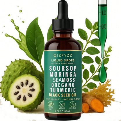 Soursop Bitters Liquid Drops 10-In-1 With Nori, Moringa, Turmeric, Black Seed Oil, Oregano, Ashwagandha| Herbal Extracts For Overall Health| Vegan, Non-GMO| 2 Fl Oz