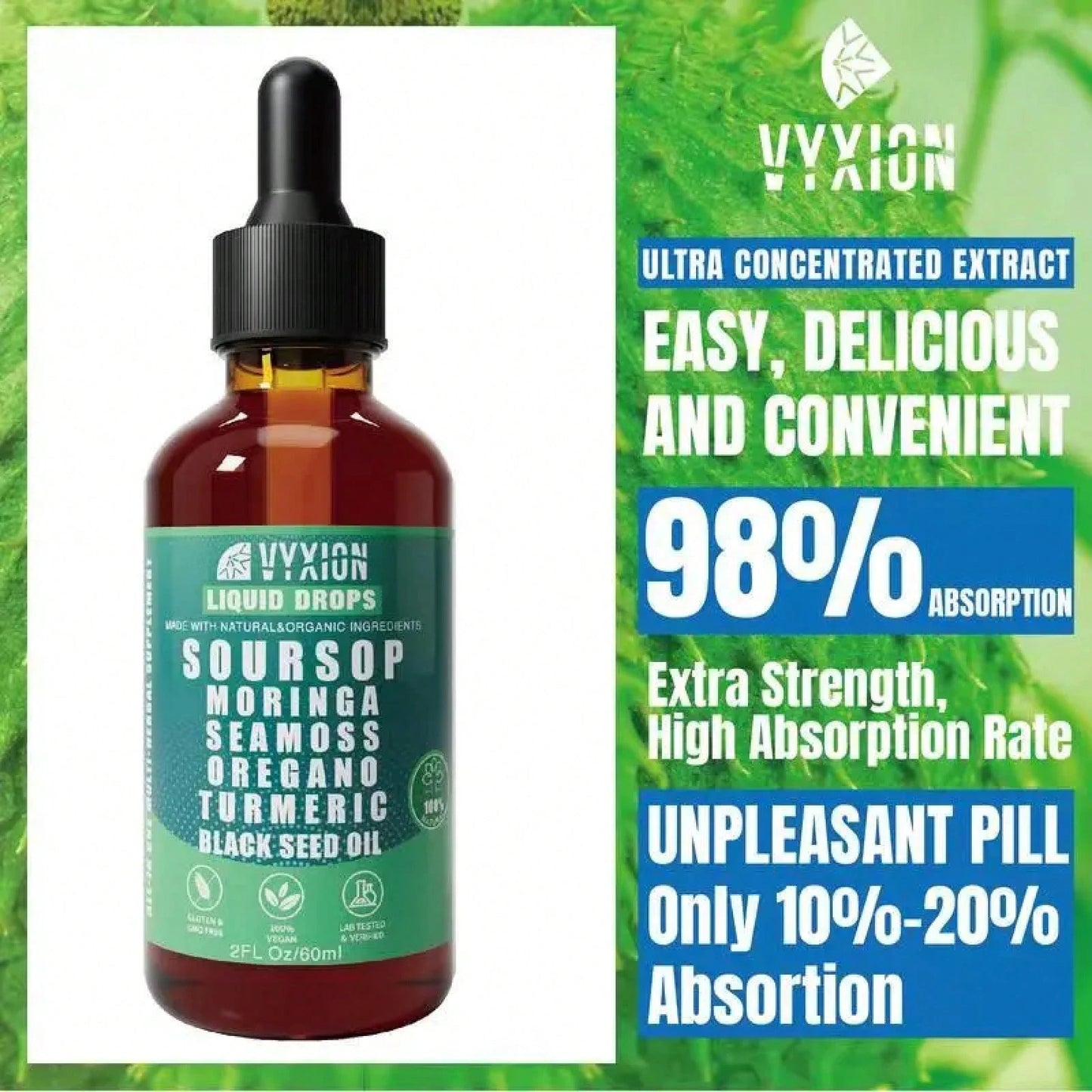 Soursop Bitters Liquid Drops 10-In-1 With Nori, Moringa, Turmeric, Black Seed Oil, Oregano, Ashwagandha| Herbal Extracts For Overall Health| Vegan, Non-GMO| 2 Fl Oz