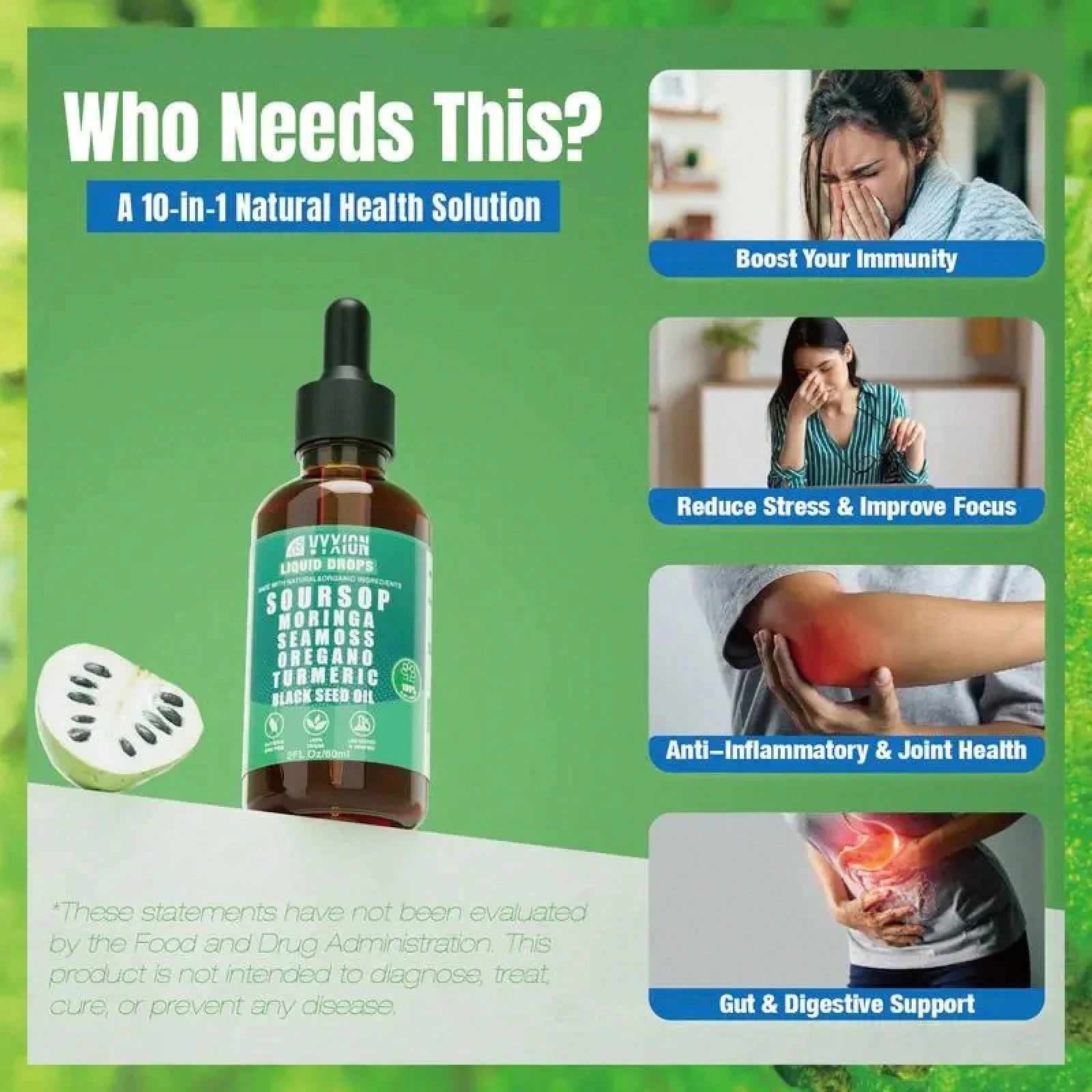Soursop Bitters Liquid Drops 10-In-1 With Nori, Moringa, Turmeric, Black Seed Oil, Oregano, Ashwagandha| Herbal Extracts For Overall Health| Vegan, Non-GMO| 2 Fl Oz