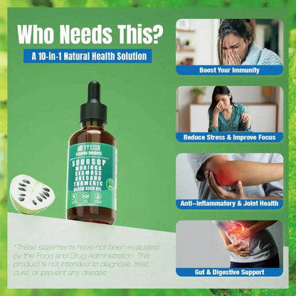 Soursop Bitters Liquid Drops 10-In-1 With Nori, Moringa, Turmeric, Black Seed Oil, Oregano, Ashwagandha| Herbal Extracts For Overall Health| Vegan, Non-GMO| 2 Fl Oz