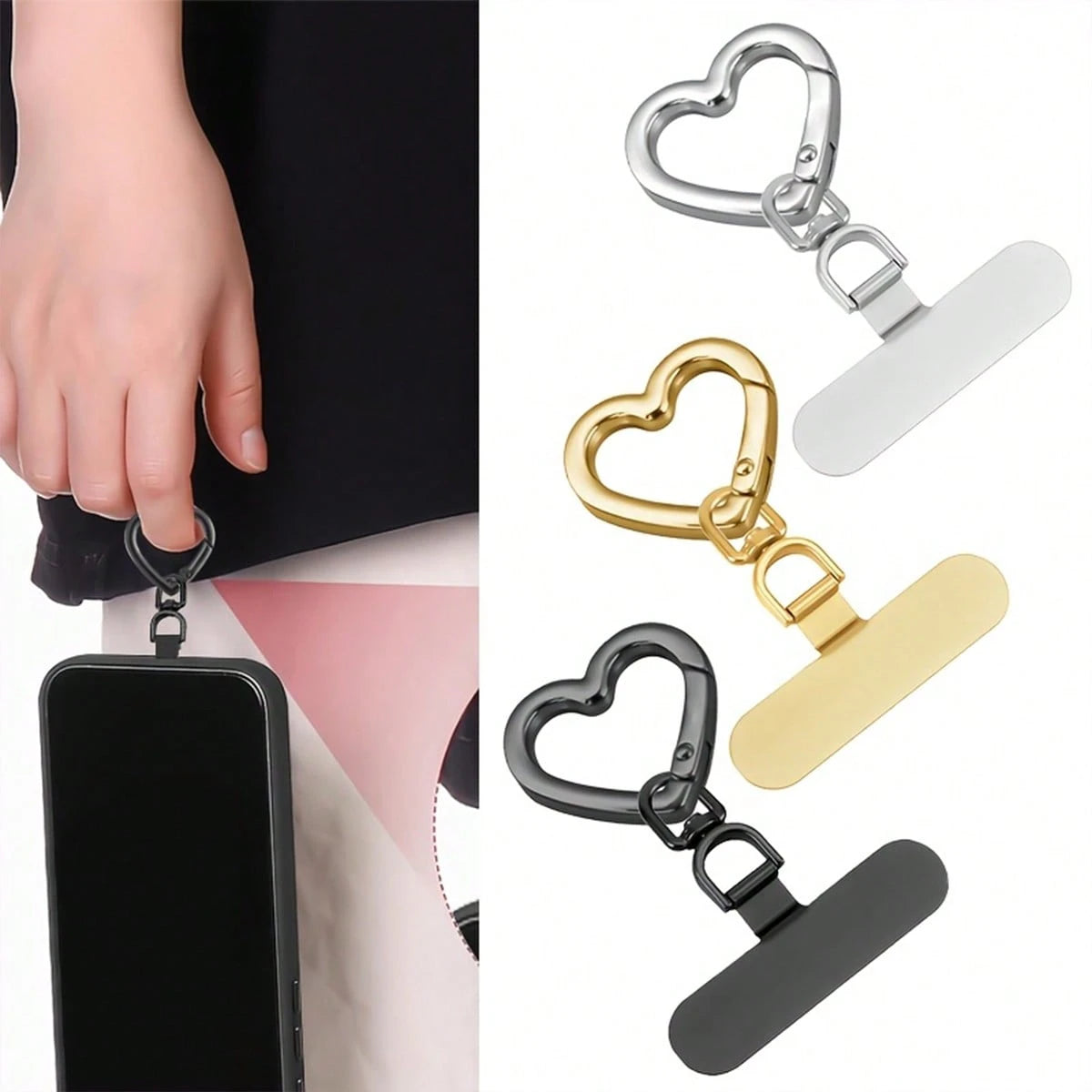 Stainless Steel Heart-Shaped Spring Clip & Strap Combo| 360° Rotatable Ultra-Thin Metal Plate, Suitable For Phone Lanyards, Universal Phone Accessories