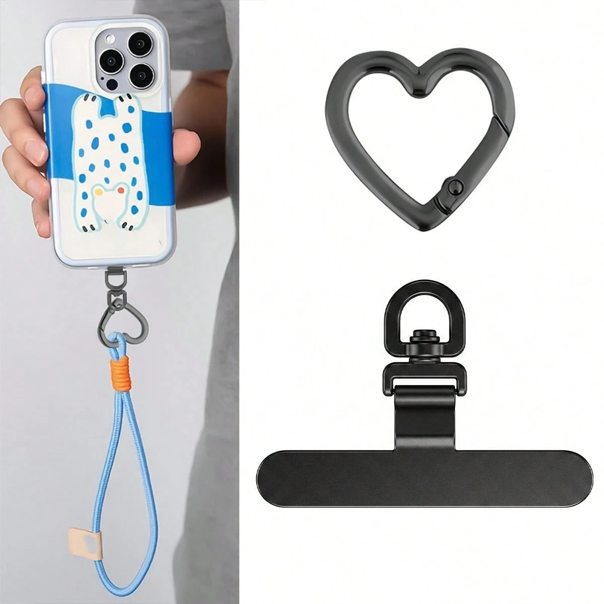 Stainless Steel Heart-Shaped Spring Clip & Strap Combo| 360° Rotatable Ultra-Thin Metal Plate, Suitable For Phone Lanyards, Universal Phone Accessories