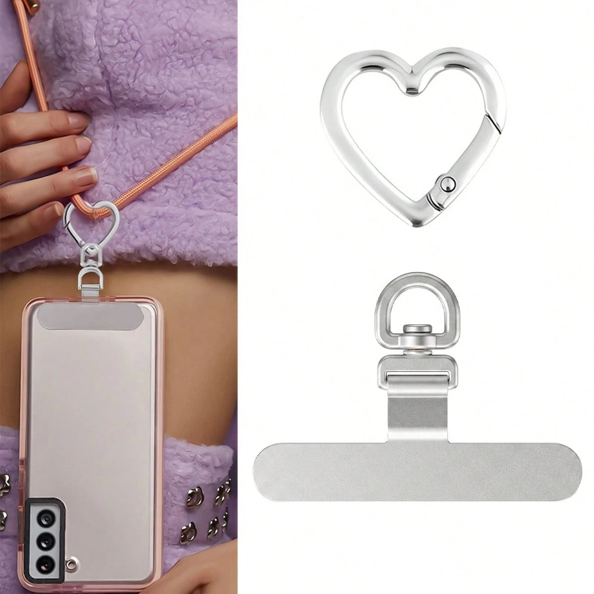 Stainless Steel Heart-Shaped Spring Clip & Strap Combo| 360° Rotatable Ultra-Thin Metal Plate, Suitable For Phone Lanyards, Universal Phone Accessories