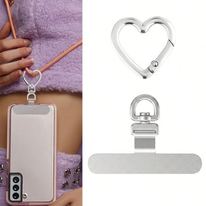 Stainless Steel Heart-Shaped Spring Clip & Strap Combo| 360° Rotatable Ultra-Thin Metal Plate, Suitable For Phone Lanyards, Universal Phone Accessories