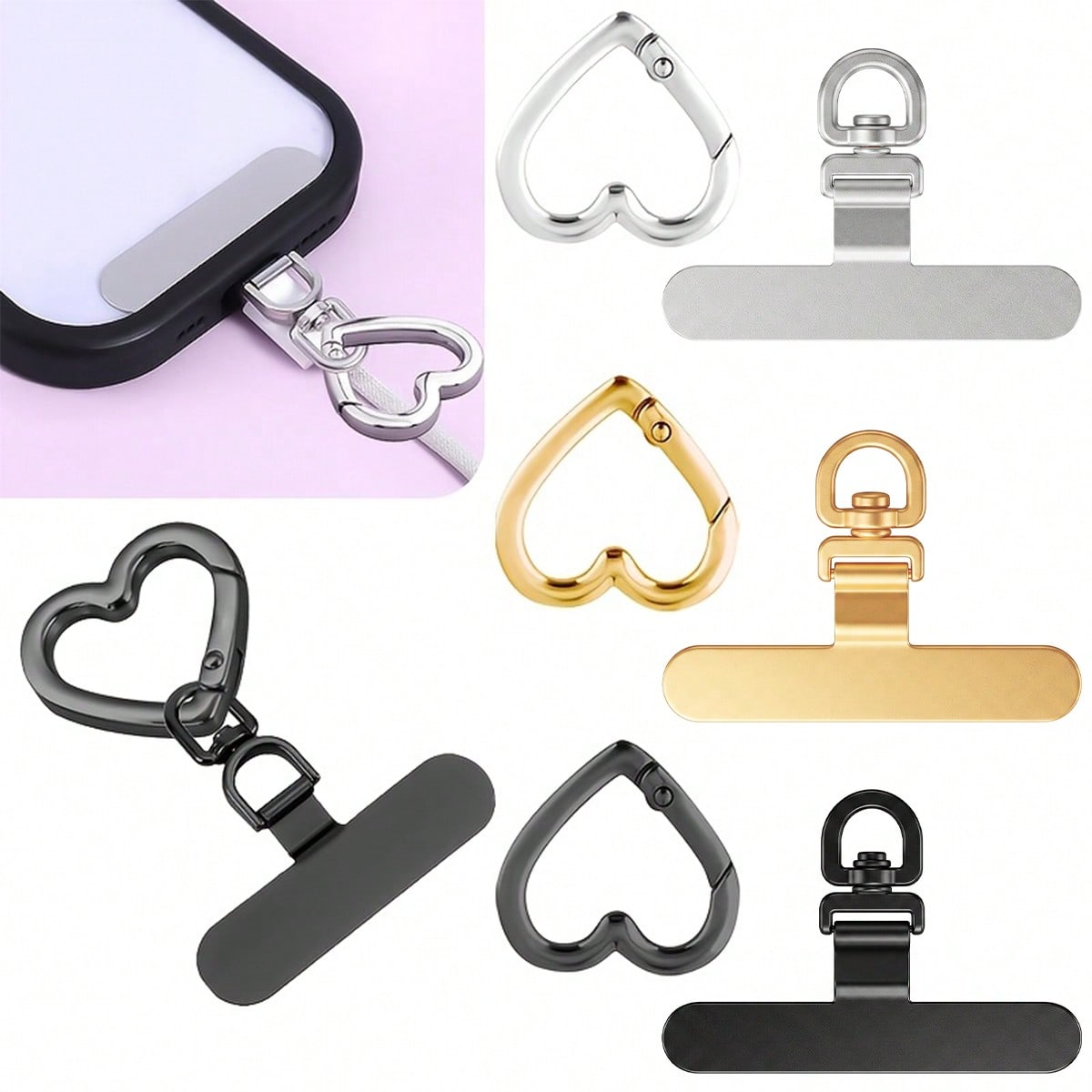 Stainless Steel Heart-Shaped Spring Clip & Strap Combo| 360° Rotatable Ultra-Thin Metal Plate, Suitable For Phone Lanyards, Universal Phone Accessories