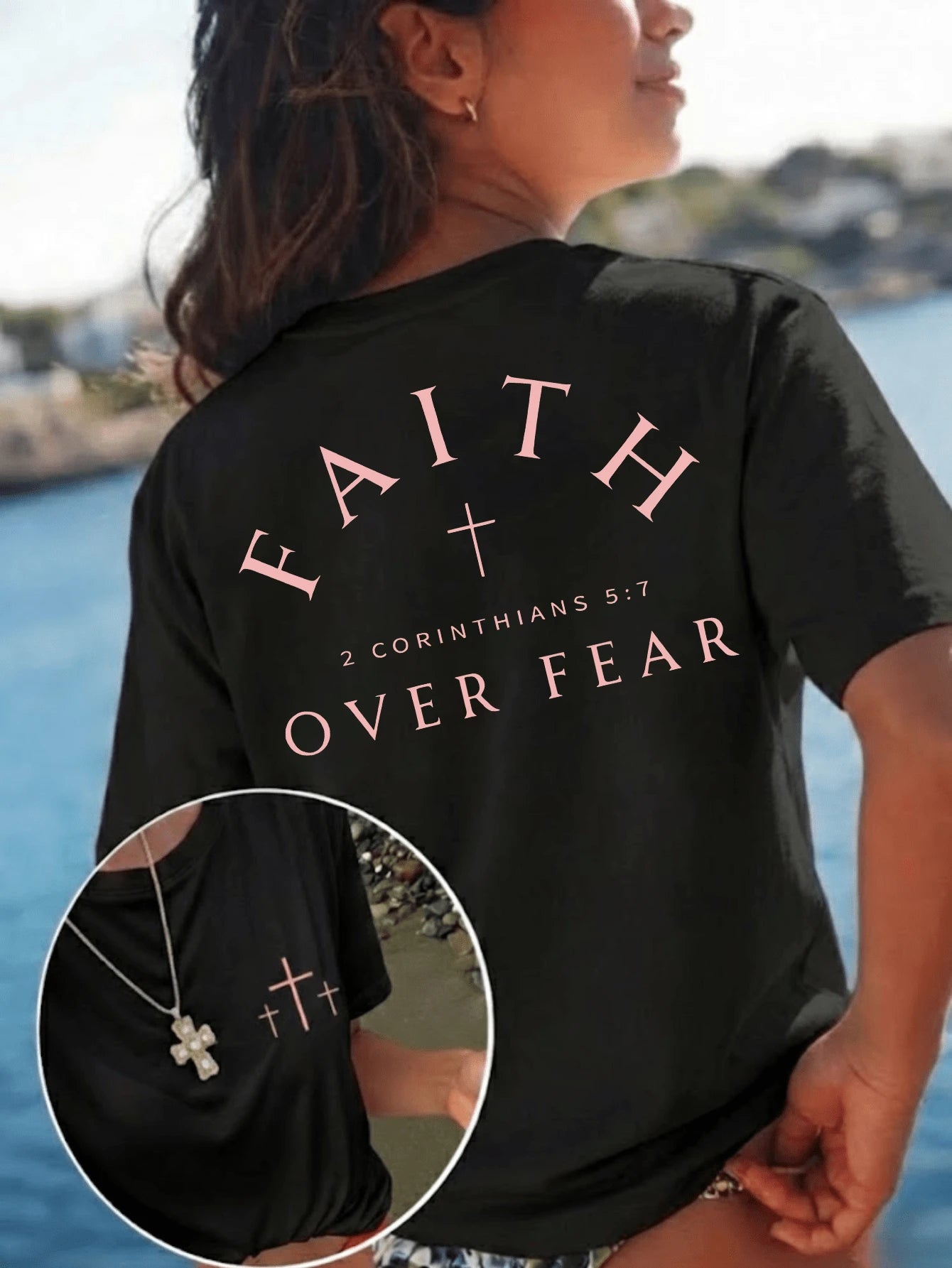 Standard "Faith Overcomes Fear" Christian Inspirational Graphic T-Shirt, Comfortable 2026 Casual Short Sleeve Crew Neck Faith Apparel Black Summer