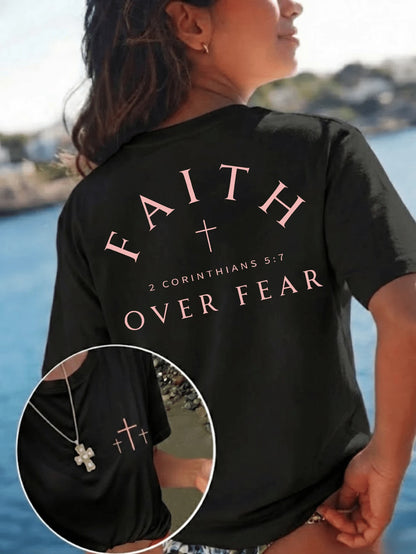 Standard "Faith Overcomes Fear" Christian Inspirational Graphic T-Shirt, Comfortable 2026 Casual Short Sleeve Crew Neck Faith Apparel Black Summer