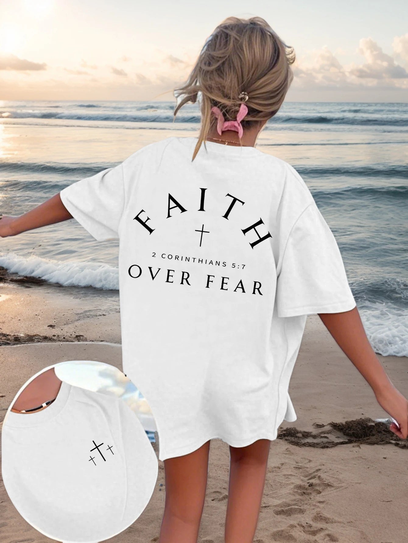 Standard "Faith Overcomes Fear" Christian Inspirational Graphic T-Shirt, Comfortable 2026 Casual Short Sleeve Crew Neck Faith Apparel Black Summer