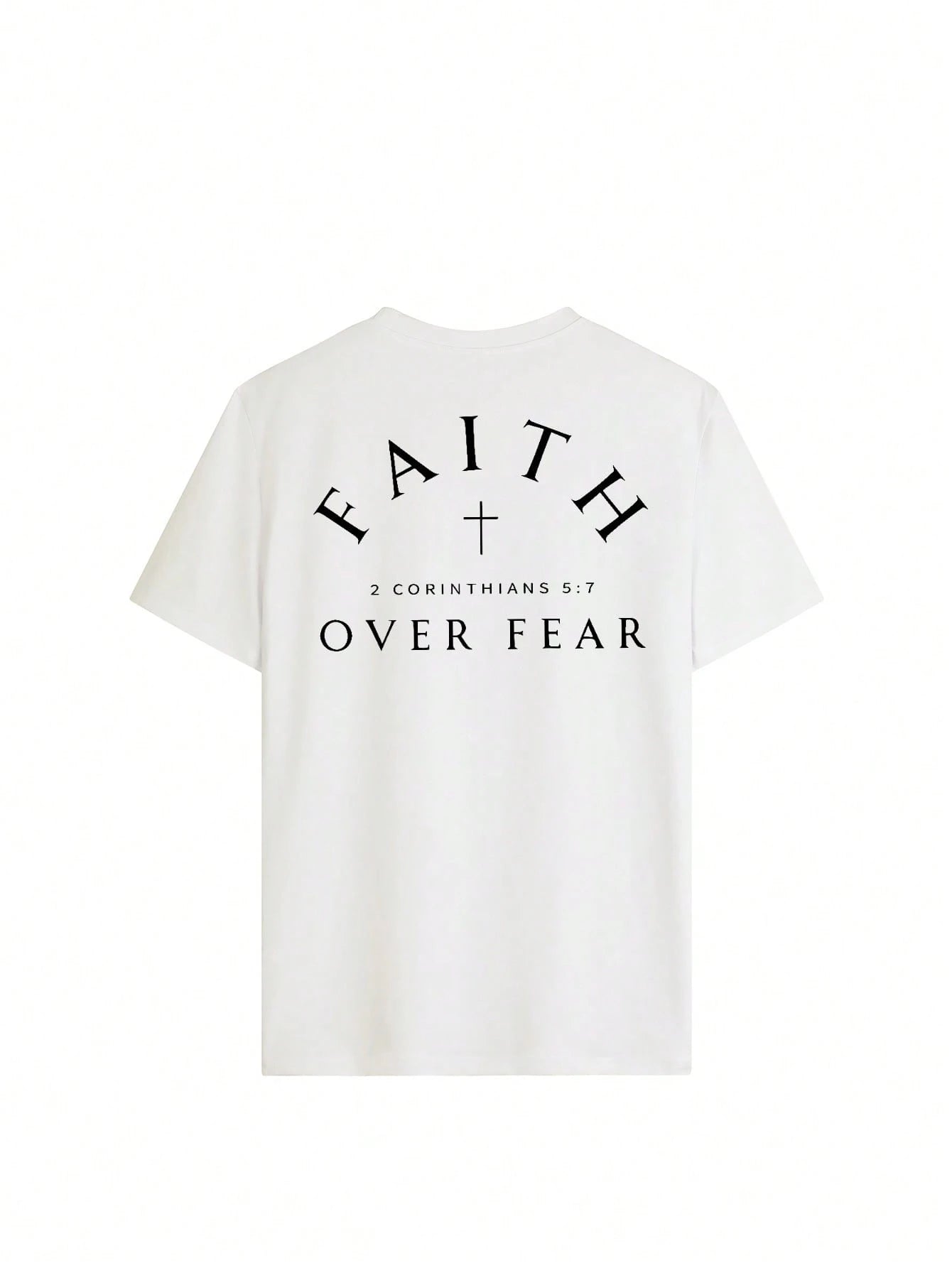 Standard "Faith Overcomes Fear" Christian Inspirational Graphic T-Shirt, Comfortable 2026 Casual Short Sleeve Crew Neck Faith Apparel Black Summer