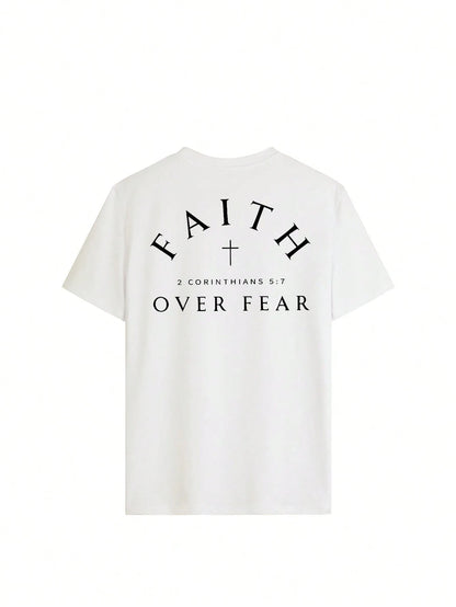 Standard "Faith Overcomes Fear" Christian Inspirational Graphic T-Shirt, Comfortable 2026 Casual Short Sleeve Crew Neck Faith Apparel Black Summer