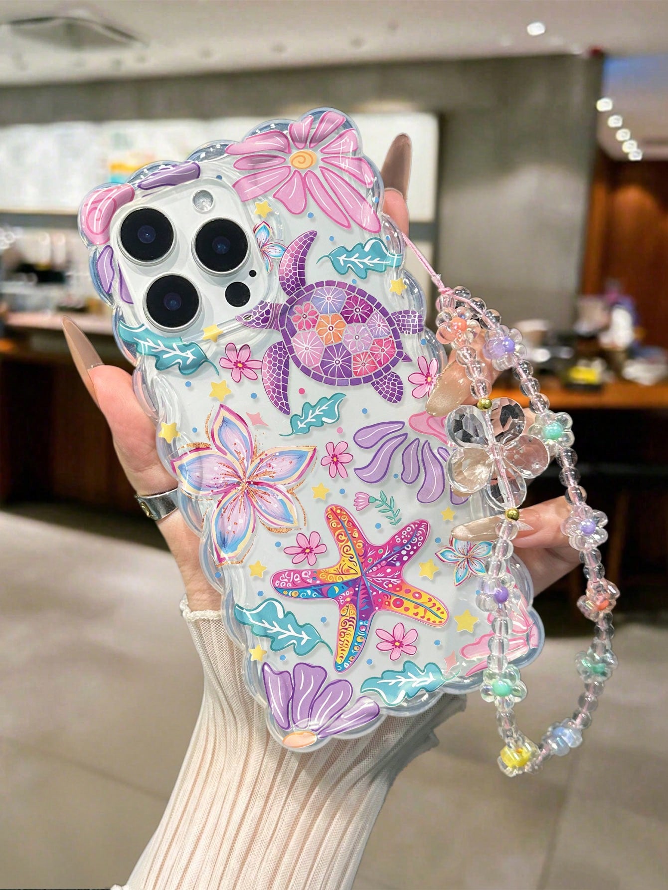 Starfish Painted Twisted Wave Edge Transparent Phone Case With Attached Bracelet, Flat Printing, Anti-Drop, Fashionable Cute, Compatible With Iphone 17/17 Pro/17 Pro Max/16/16 Pro/16 Pro Max/16 Plus/1