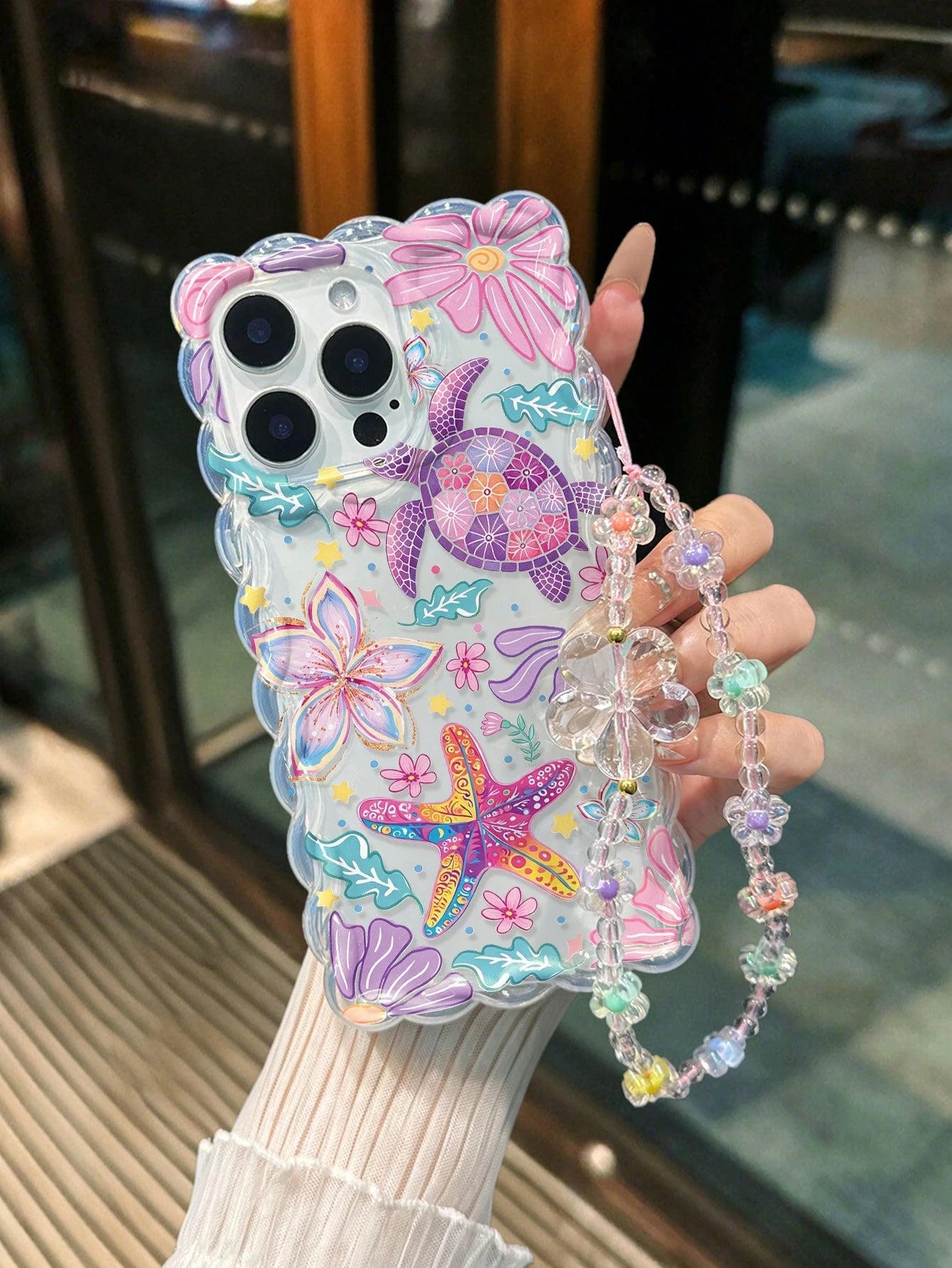 Starfish Painted Twisted Wave Edge Transparent Phone Case With Attached Bracelet, Flat Printing, Anti-Drop, Fashionable Cute, Compatible With Iphone 17/17 Pro/17 Pro Max/16/16 Pro/16 Pro Max/16 Plus/1