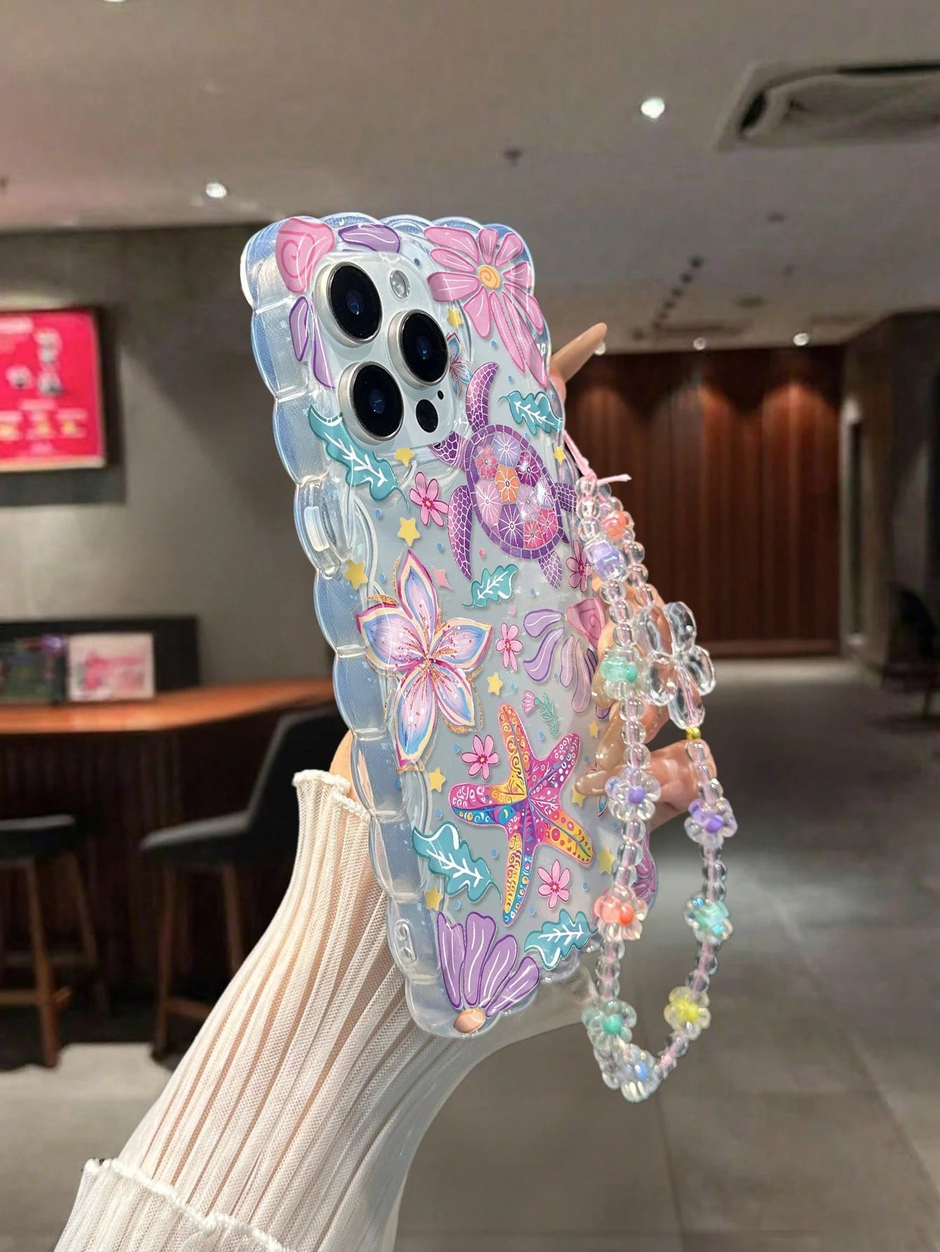 Starfish Painted Twisted Wave Edge Transparent Phone Case With Attached Bracelet, Flat Printing, Anti-Drop, Fashionable Cute, Compatible With Iphone 17/17 Pro/17 Pro Max/16/16 Pro/16 Pro Max/16 Plus/1
