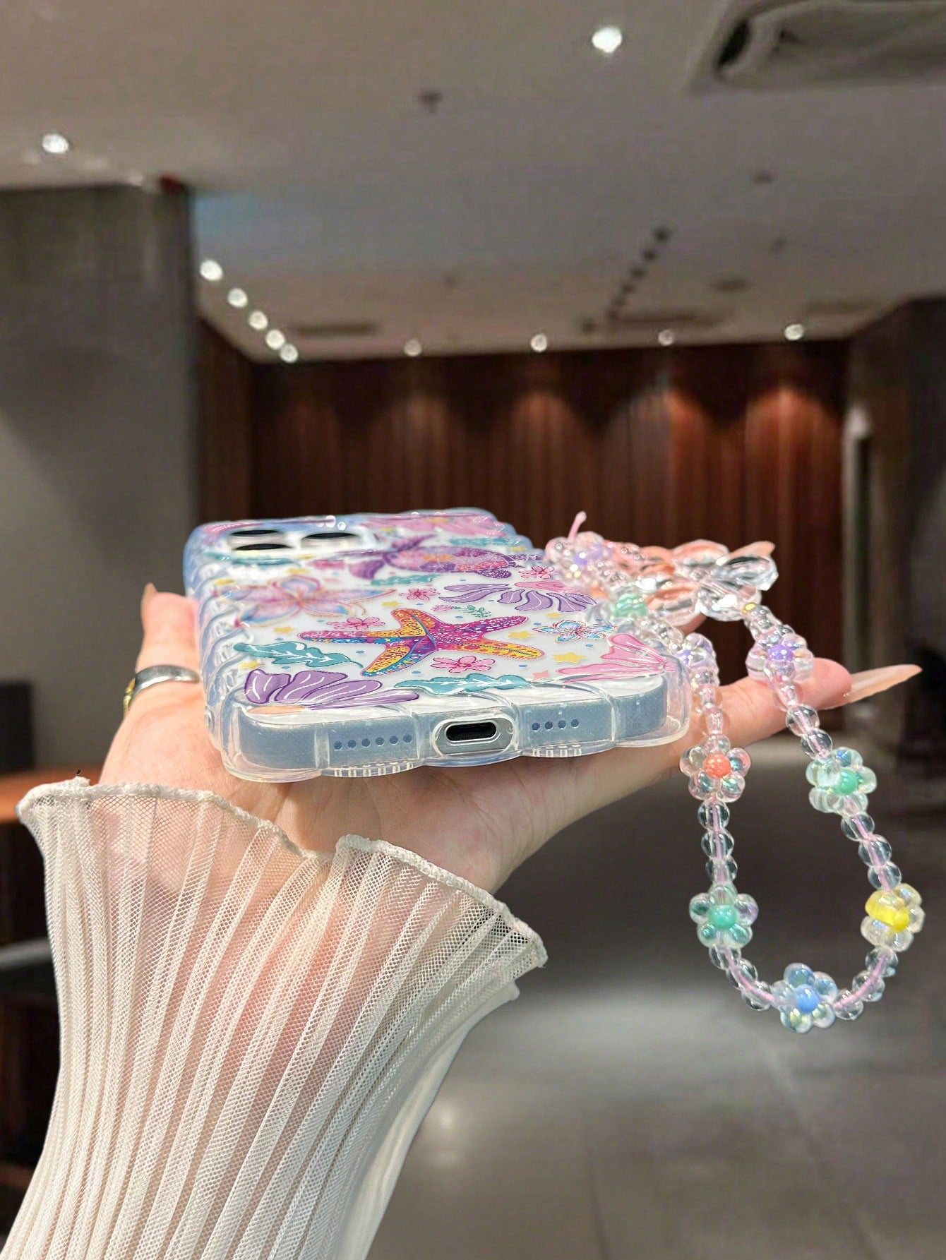 Starfish Painted Twisted Wave Edge Transparent Phone Case With Attached Bracelet, Flat Printing, Anti-Drop, Fashionable Cute, Compatible With Iphone 17/17 Pro/17 Pro Max/16/16 Pro/16 Pro Max/16 Plus/1
