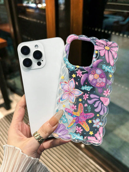 Starfish Painted Twisted Wave Edge Transparent Phone Case With Attached Bracelet, Flat Printing, Anti-Drop, Fashionable Cute, Compatible With Iphone 17/17 Pro/17 Pro Max/16/16 Pro/16 Pro Max/16 Plus/1