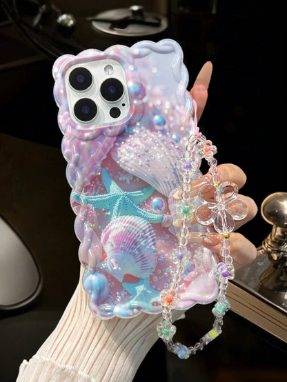 Starfish Painted Twisted Wave Edge Transparent Phone Case With Attached Bracelet, Flat Printing, Anti-Drop, Fashionable Cute, Compatible With Iphone 17/17 Pro/17 Pro Max/16/16 Pro/16 Pro Max/16 Plus/1