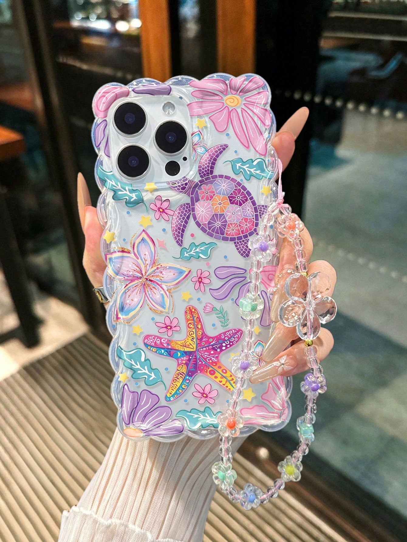 Starfish Painted Twisted Wave Edge Transparent Phone Case With Attached Bracelet, Flat Printing, Anti-Drop, Fashionable Cute, Compatible With Iphone 17/17 Pro/17 Pro Max/16/16 Pro/16 Pro Max/16 Plus/1