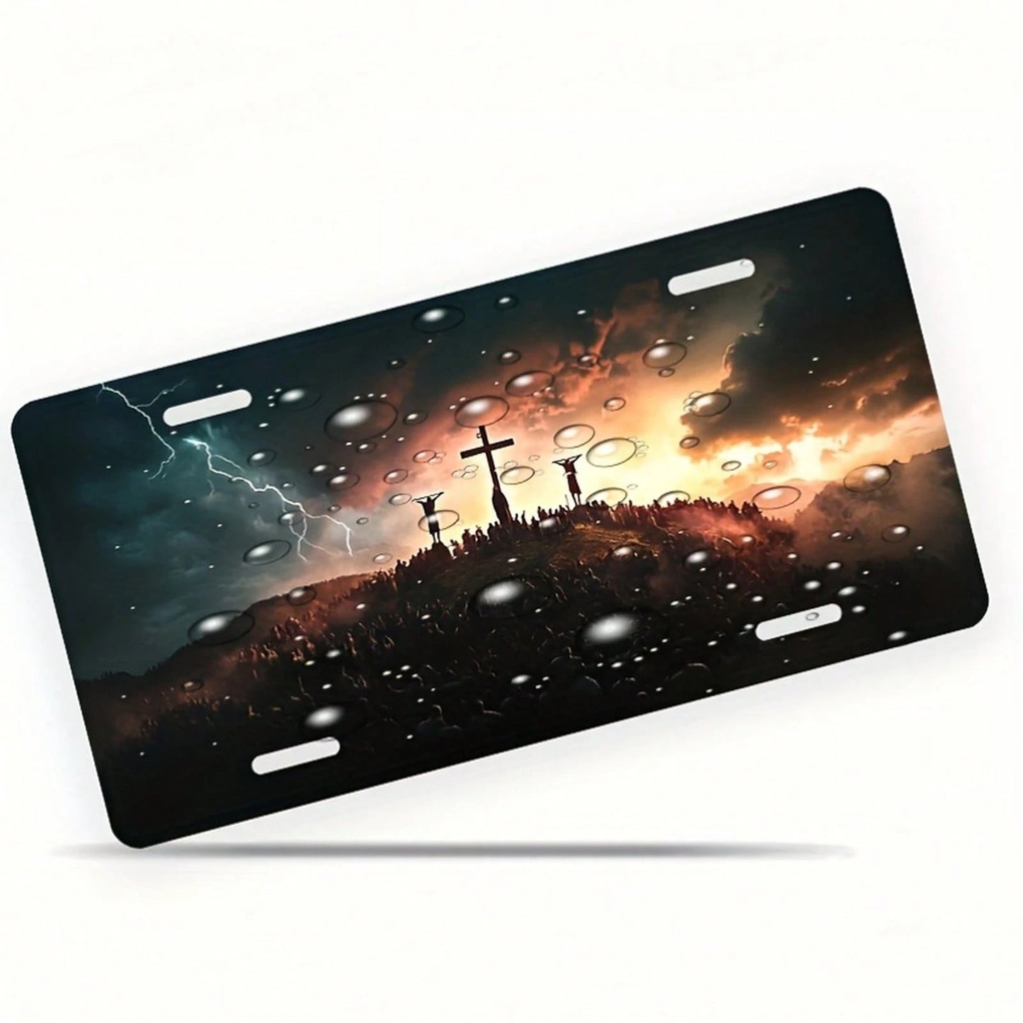 Storm Sunset And Cross License Plate Set- 6X12" Front Plate, Featuring An Eye-Catching Lightning Design, Polished Finish, Suitable For Standard American Vehicles- Unisex Religious Artwork, Durable A