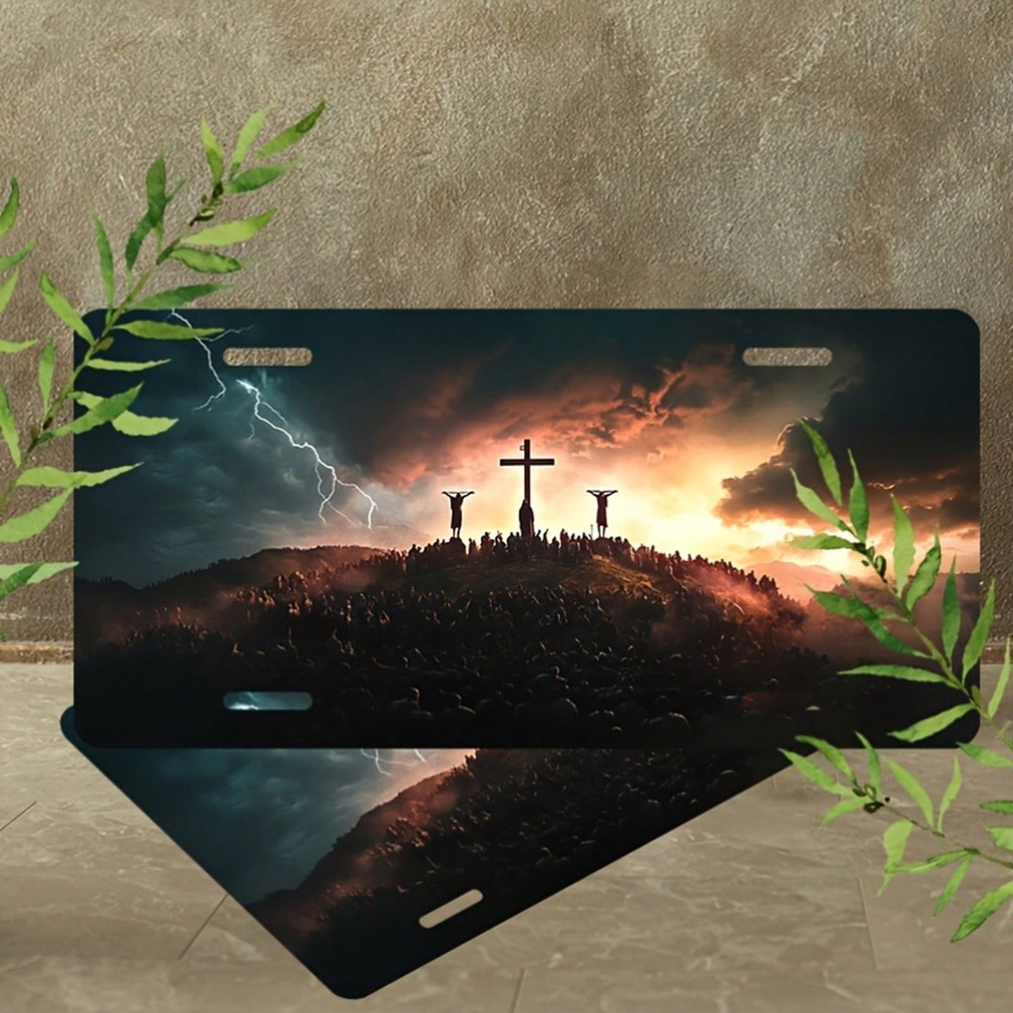 Storm Sunset And Cross License Plate Set- 6X12" Front Plate, Featuring An Eye-Catching Lightning Design, Polished Finish, Suitable For Standard American Vehicles- Unisex Religious Artwork, Durable A