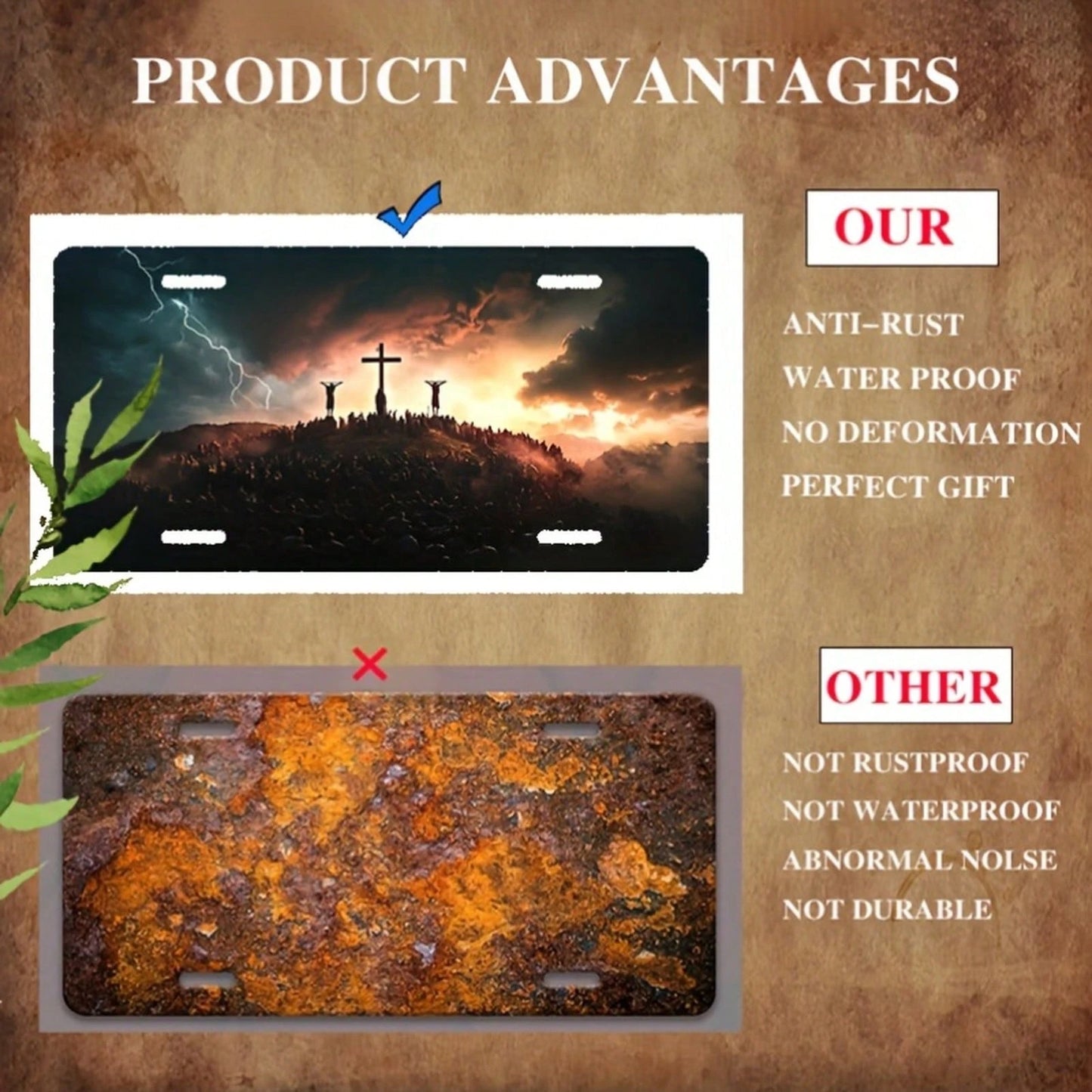 Storm Sunset And Cross License Plate Set- 6X12" Front Plate, Featuring An Eye-Catching Lightning Design, Polished Finish, Suitable For Standard American Vehicles- Unisex Religious Artwork, Durable A