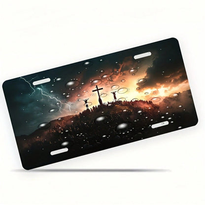 Storm Sunset And Cross License Plate Set- 6X12" Front Plate, Featuring An Eye-Catching Lightning Design, Polished Finish, Suitable For Standard American Vehicles- Unisex Religious Artwork, Durable A