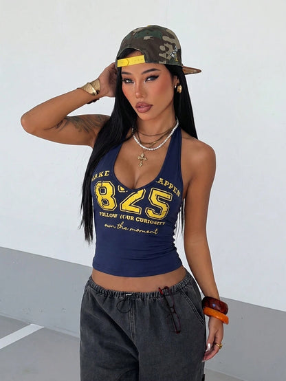 StreetHx Women's Navy Blue, Summer, Casual, Streetwear Y2k, City Break V-Neck Numeric College Print Halter Top Baddie For Music Festivals