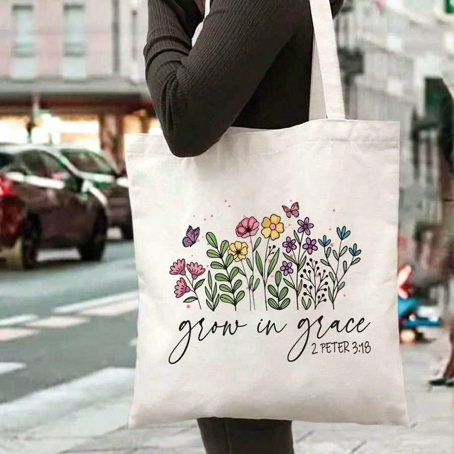 Sturdy Christian Women's Handbag With Inspirational Bible Verse Print, Rectangular Design, Large Capacity Reusable Shopping Bag With Stable Handle, Suitable For Shopping, Outdoor Activities, Church Ga