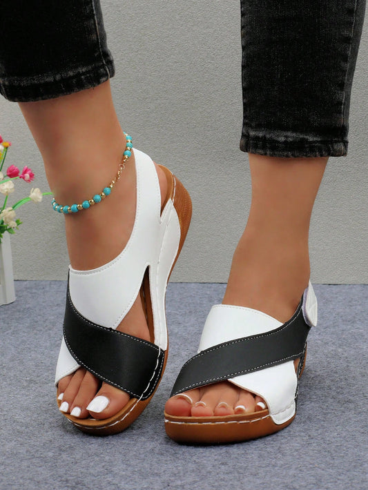 Style Women's Open Toe Back, Lightweight Stitched Casual Comfortable Wedge Heel Thick Bottom Platform Sandals (Polyurethane Sole With Small Holes)