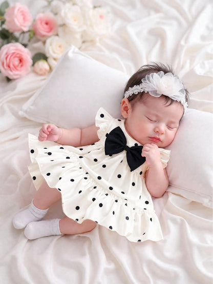 Summer Baby Girls' Red And White Polka Dot Ruffle Flutter-Sleeve Dress For Newborns Classic Loose A-Line Tiered Skirt Lightweight Wedding Outfits Cute
