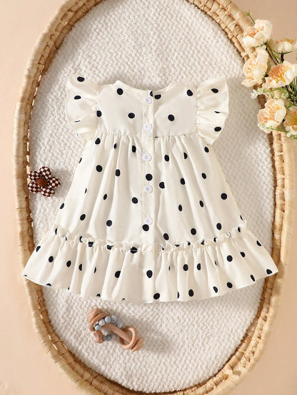Summer Baby Girls' Red And White Polka Dot Ruffle Flutter-Sleeve Dress For Newborns Classic Loose A-Line Tiered Skirt Lightweight Wedding Outfits Cute