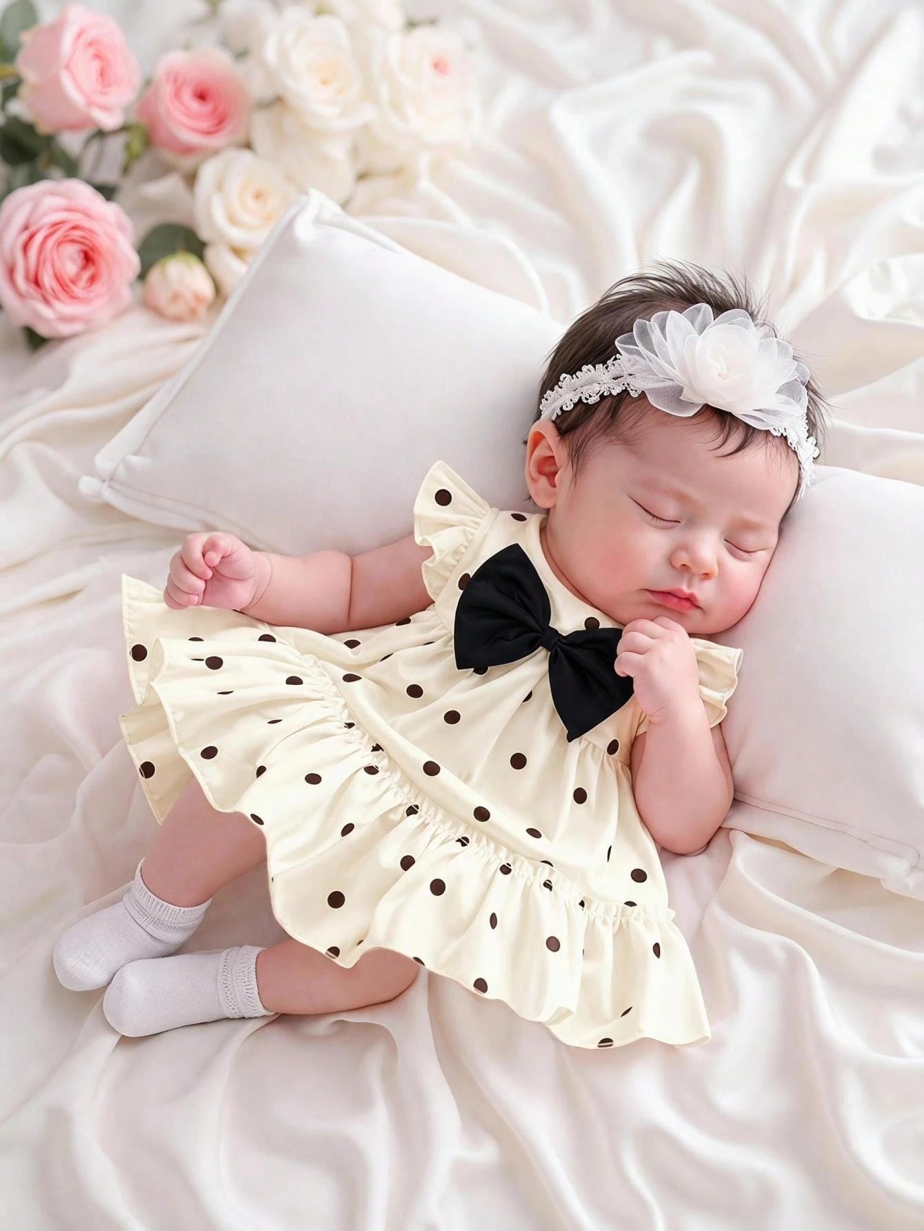 Summer Baby Girls' Red And White Polka Dot Ruffle Flutter-Sleeve Dress For Newborns Classic Loose A-Line Tiered Skirt Lightweight Wedding Outfits Cute