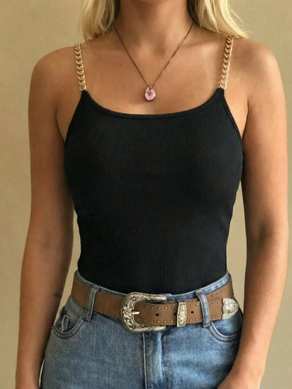 Summer Casual Solid Color Chain Strap Round Neck Bodycon Camisole Black