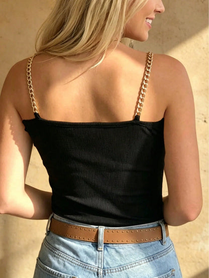 Summer Casual Solid Color Chain Strap Round Neck Bodycon Camisole Black