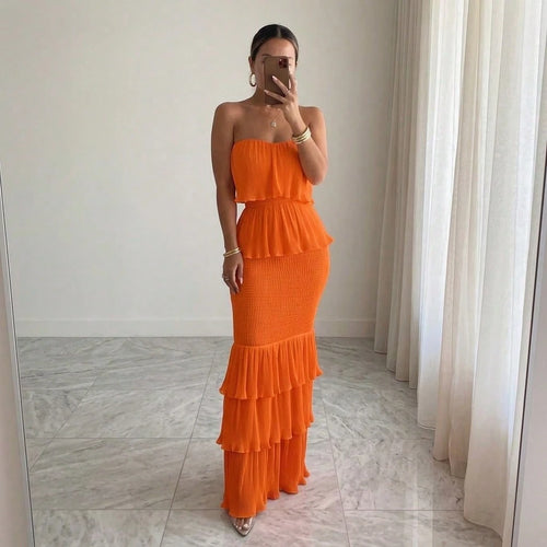 Summer Dresses For WomenStrapless Smocked Pleated Ruffle Tiered Maxi Dress, Elegant Solid Off Shoulder Bodycon Long Summer Dress For Dresses For Women