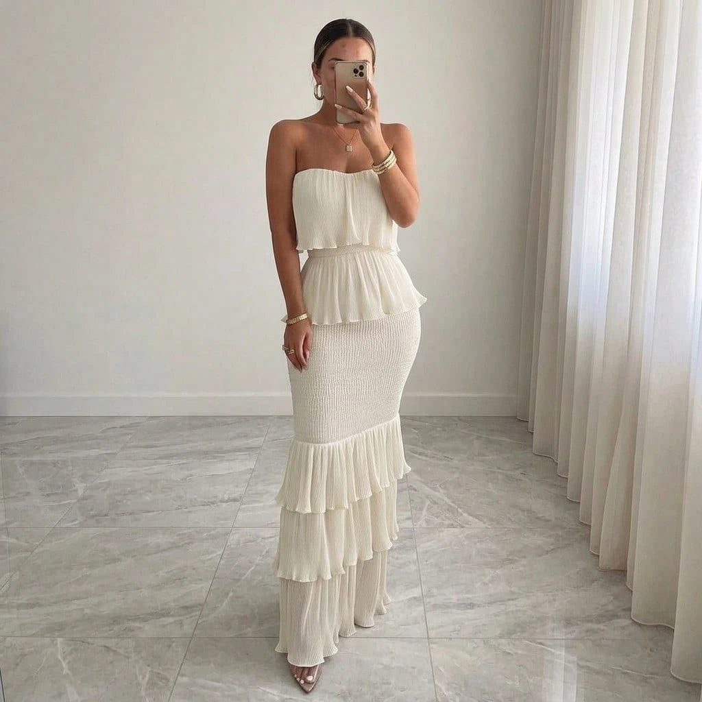 Summer Dresses For WomenStrapless Smocked Pleated Ruffle Tiered Maxi Dress, Elegant Solid Off Shoulder Bodycon Long Summer Dress For Dresses For Women
